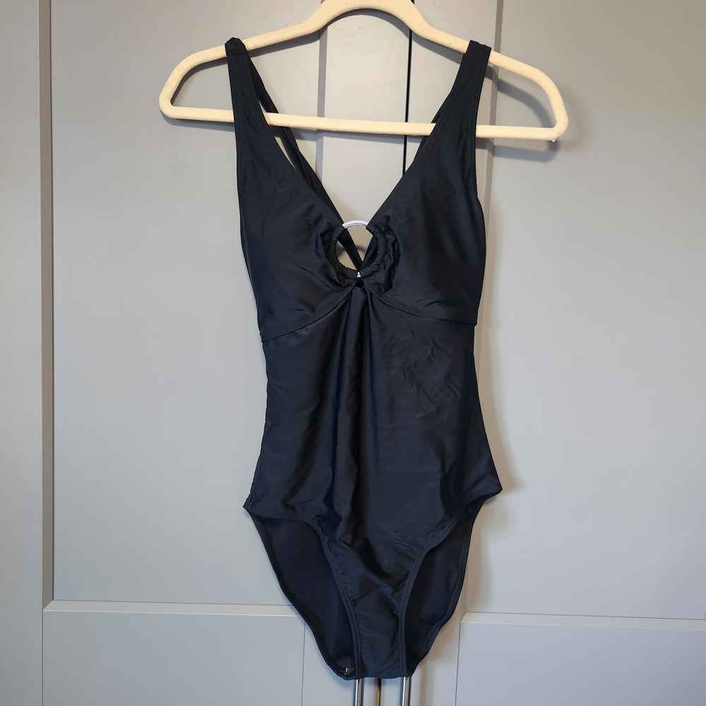 New White Birch Los Angeles Women's Black Ring Front Tie One Piece Swimsuit S
